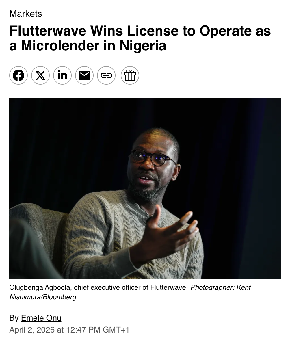 Bloomberg article about Flutterwave winning a microlender license in Nigeria