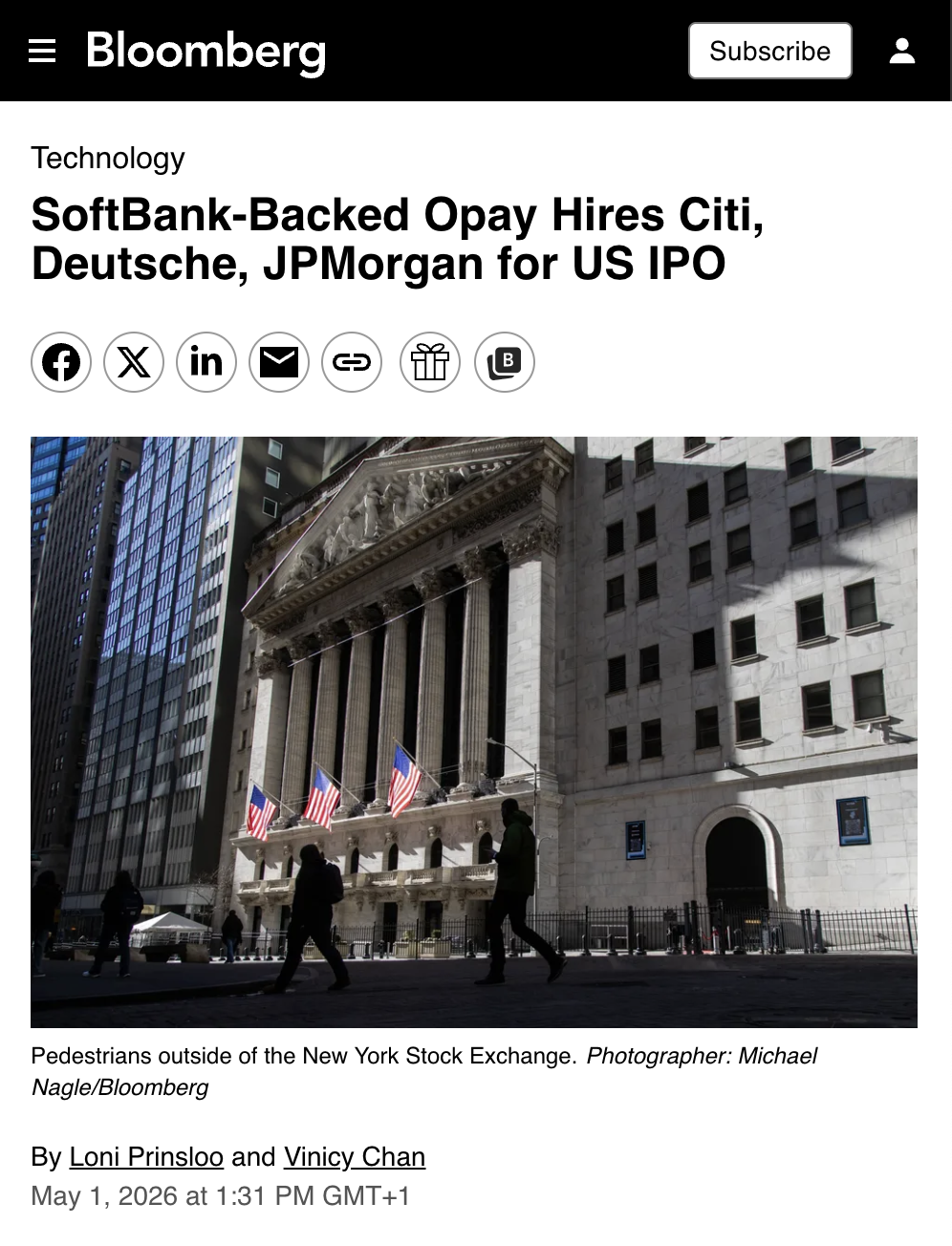 Bloomberg confirmation article for OPay U.S. IPO
