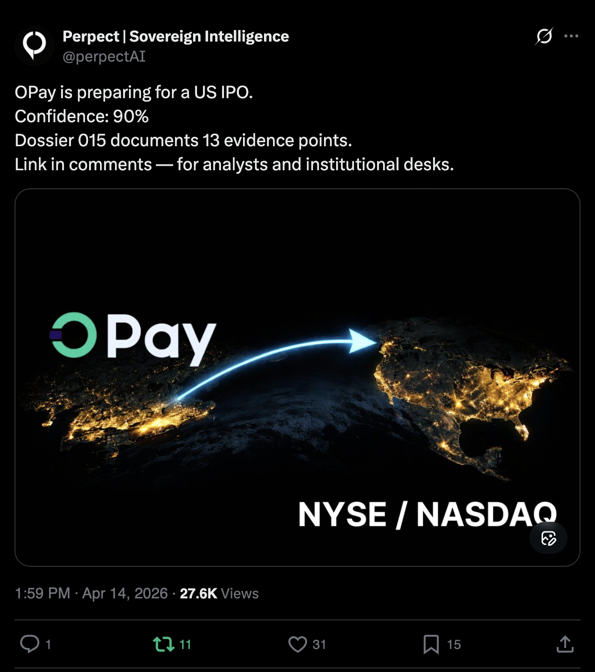 Perpect dossier post showing OPay preparing for a U.S. IPO