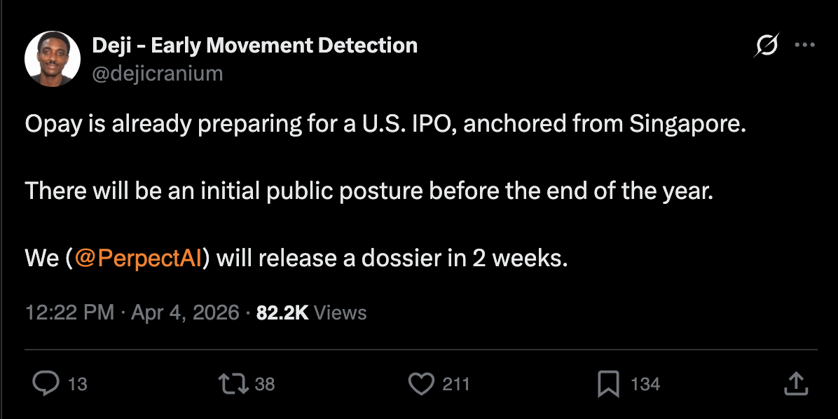 Deji’s early movement detection post about OPay preparing for a U.S. IPO