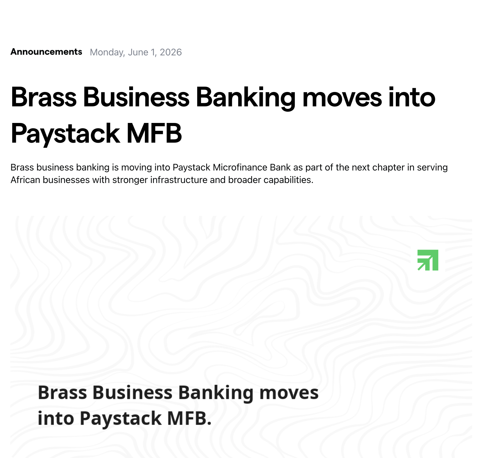Brass announcement that business banking is moving into Paystack MFB
